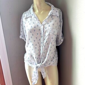 Japana nautical anchor short sleeve front tie blouse size large